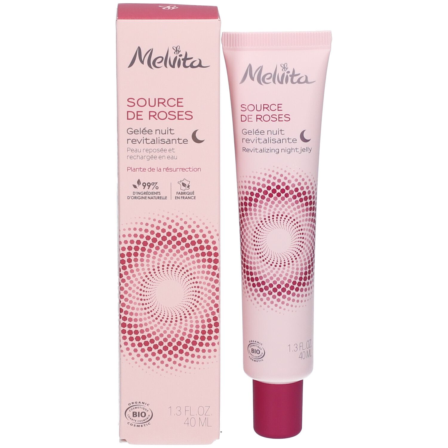 Melvita BB Creme Tube und Faltschachtel, hellrosa. Enthält Rosen-Motiv und BIO-Siegel.