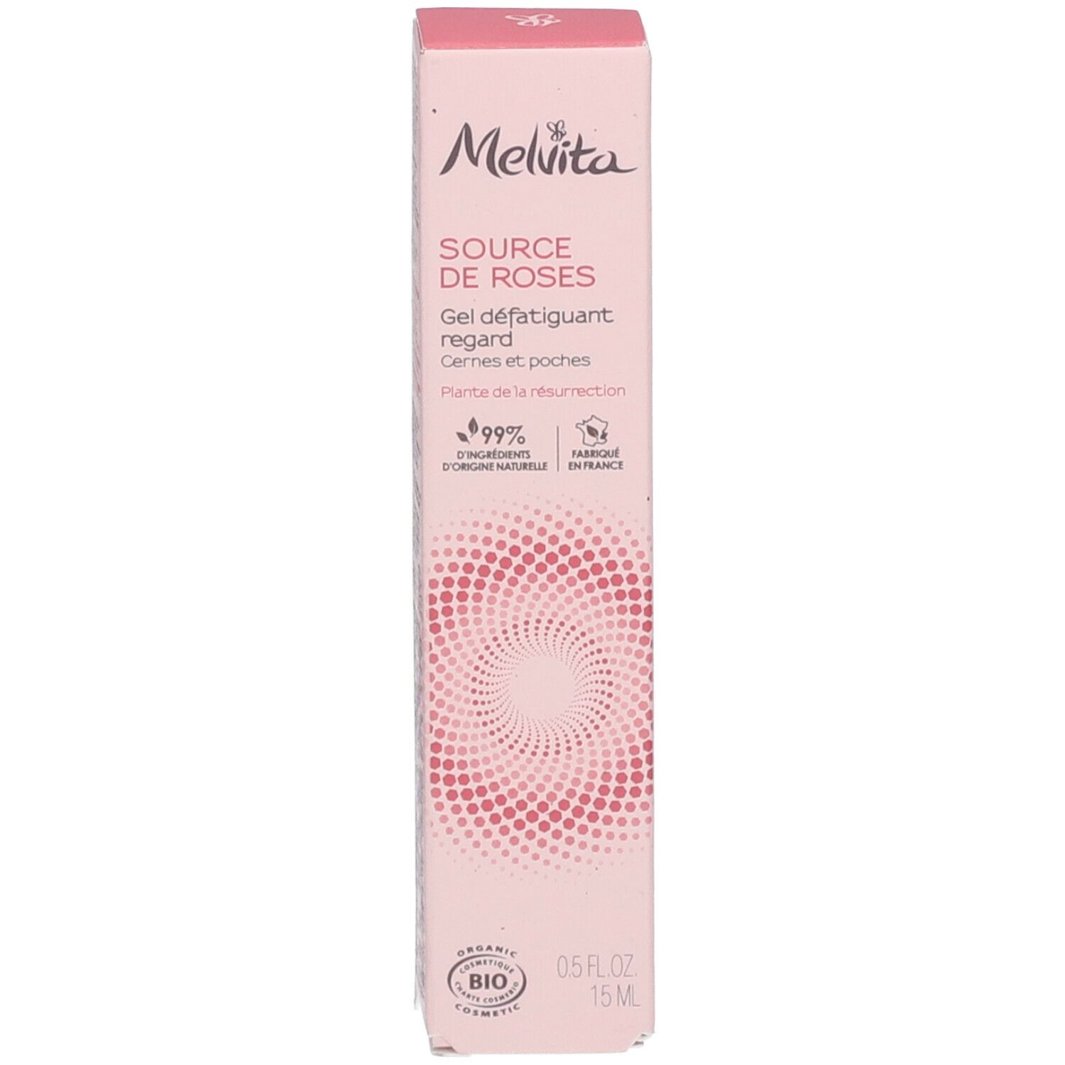 Rosa Produktkarton. Marke und Produktname sind sichtbar. Bio-Zertifizierung. Text in mehreren Sprachen.