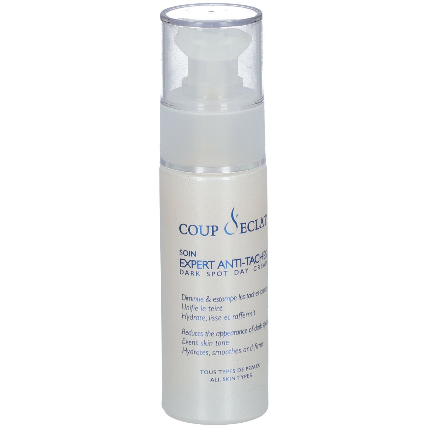 Coup d'Éclat SOIN EXPERT Anti-Taches. Flacon blanc avec pompe. Texte: Dark Spot Day Cream. Tous types de peaux.