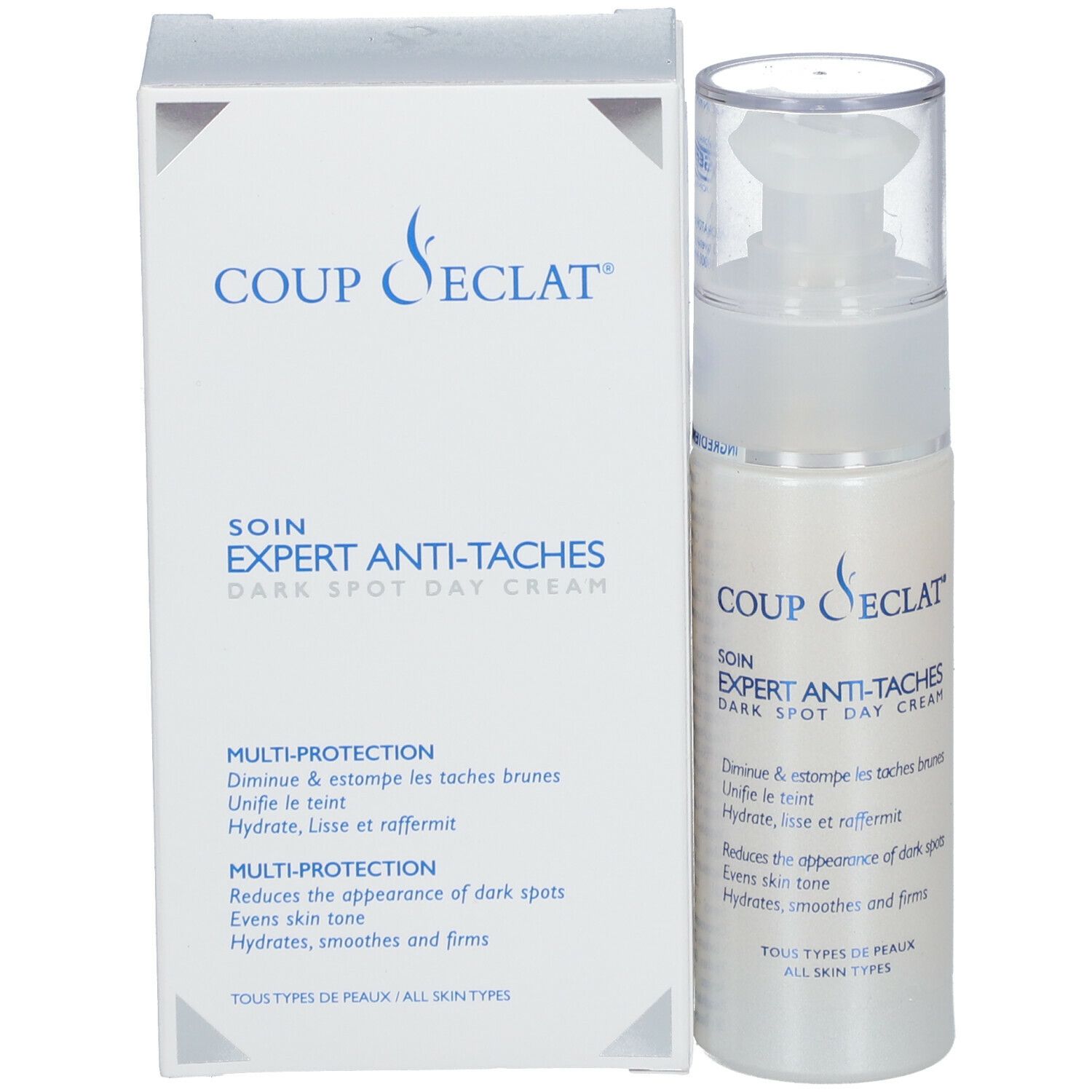 Coup d'Éclat SOIN EXPERT Anti-Taches. Produit et emballage. Texte: Dark Spot Day Cream. Tous types de peaux.
