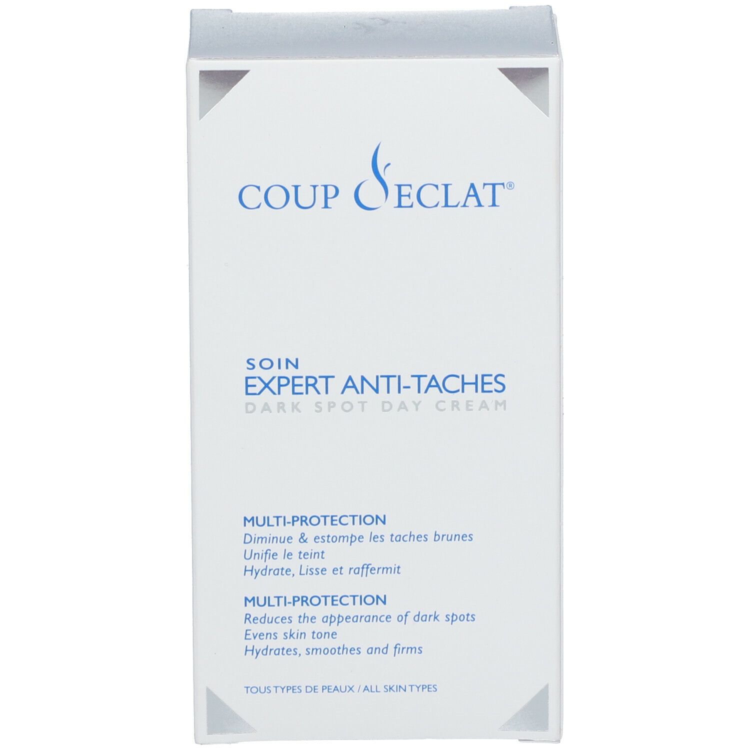 Coup d'Éclat SOIN EXPERT Anti-Taches. Emballage. Texte: Dark Spot Day Cream. Tous types de peaux.