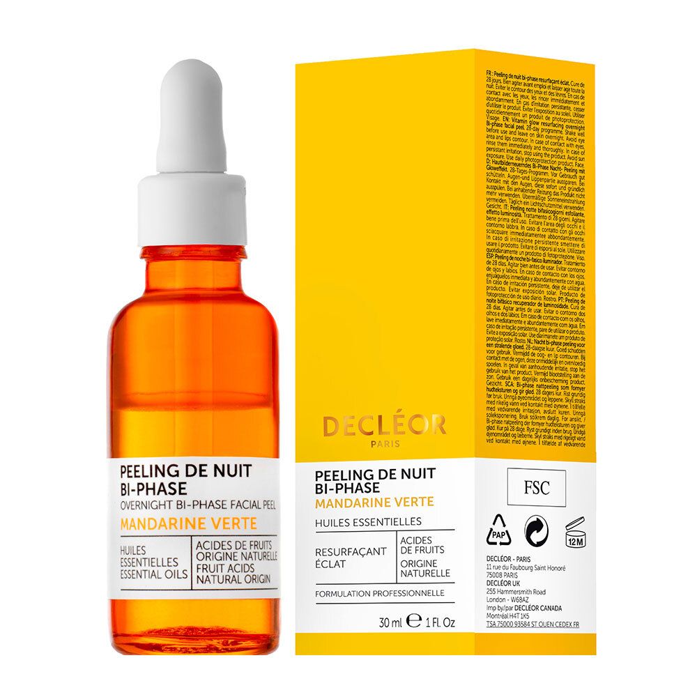 Fles en gele verpakking. Op de verpakking: PEELING DE NUIT BI-PHASE, 30ml, 1 fl oz.