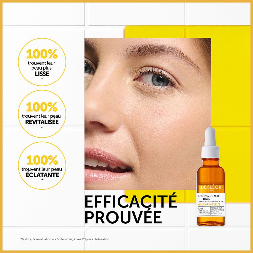 Gezicht van een vrouw. Tekst: EFFICACITÉ PROUVÉE. 100% gladdere, gerevitaliseerde, stralende huid.