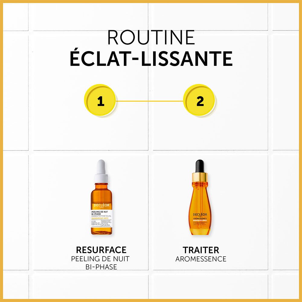 Twee flessen. Links: Aromessence. Rechts: PEELING DE NUIT BI-PHASE. Tekst: ROUTINE ÉCLAT-LISSANTE.