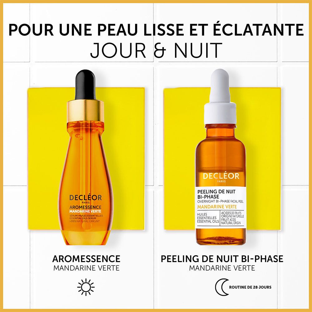 Twee flessen. Links: Aromessence. Rechts: PEELING DE NUIT BI-PHASE. Tekst: JOUR & NUIT.
