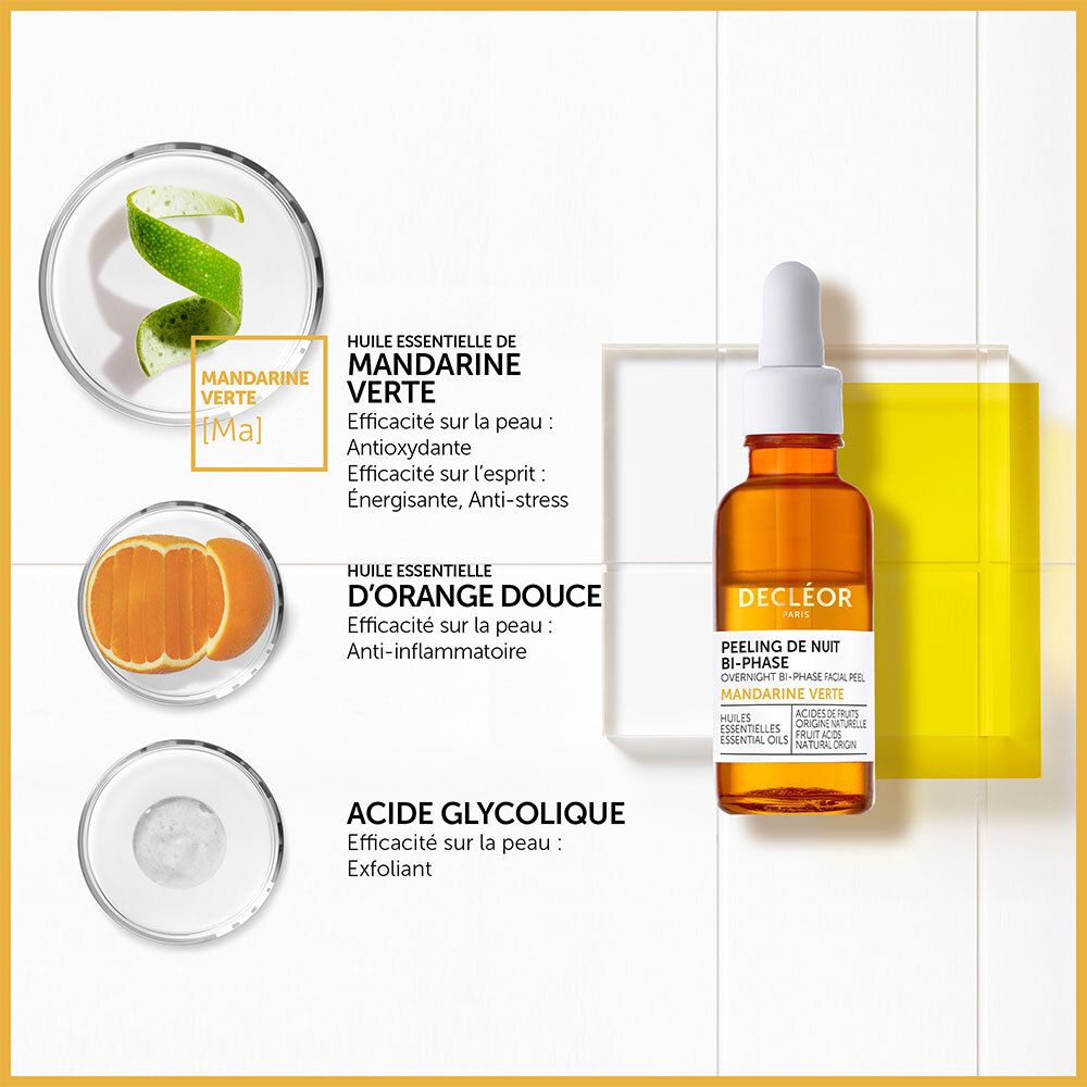 Ingrediënten: Mandarijn Groen, Sinaasappel, Glycolzuur. Tekst: HUILE ESSENTIELLE DE MANDARINE VERTE.