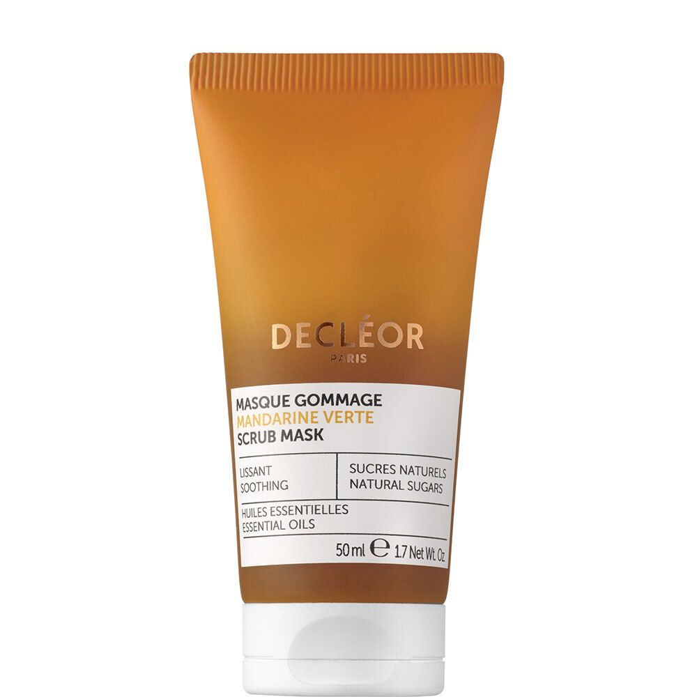 Tube orange avec bouchon blanc. Inscription : DECLÉOR PARIS, Masque Gomage Mandarine Verte, Scrub Mask.