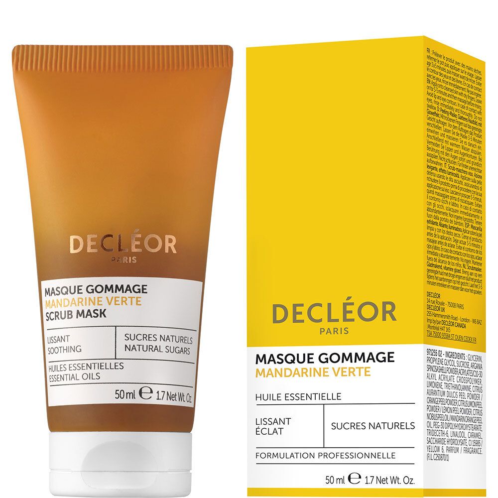 Tube orange et boîte jaune. Inscription : DECLÉOR PARIS, Masque Gomage Mandarine Verte, Scrub Mask. Informations produit.