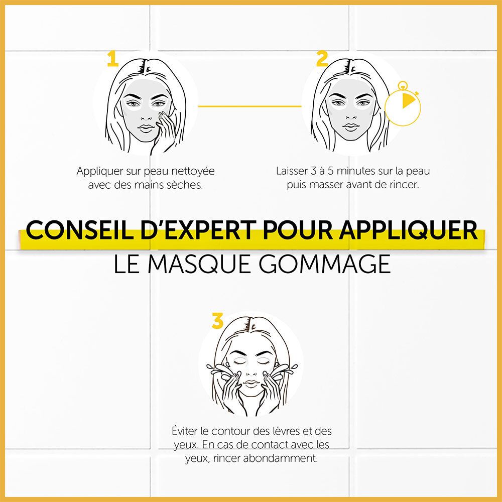 Application du masque exfoliant. Étape 1 : Appliquer sur peau nettoyée. Étape 2 : Laisser agir 3-5 minutes.