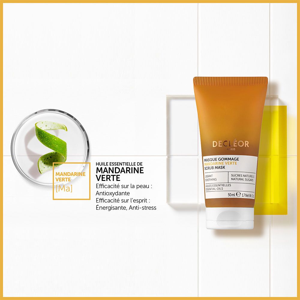 Masque exfoliant et mandarine verte. Texte : Huile essentielle de Mandarine Verte. Efficacité sur la peau.
