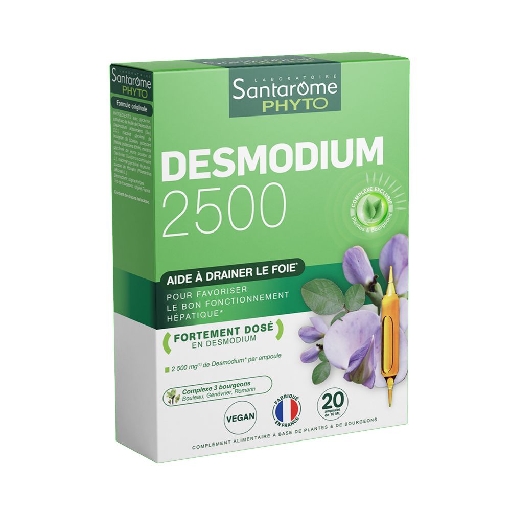 Boîte verte Santarome PHYTO Desmodium 2500. Contient 20 ampoules. Vegan. Certification française.