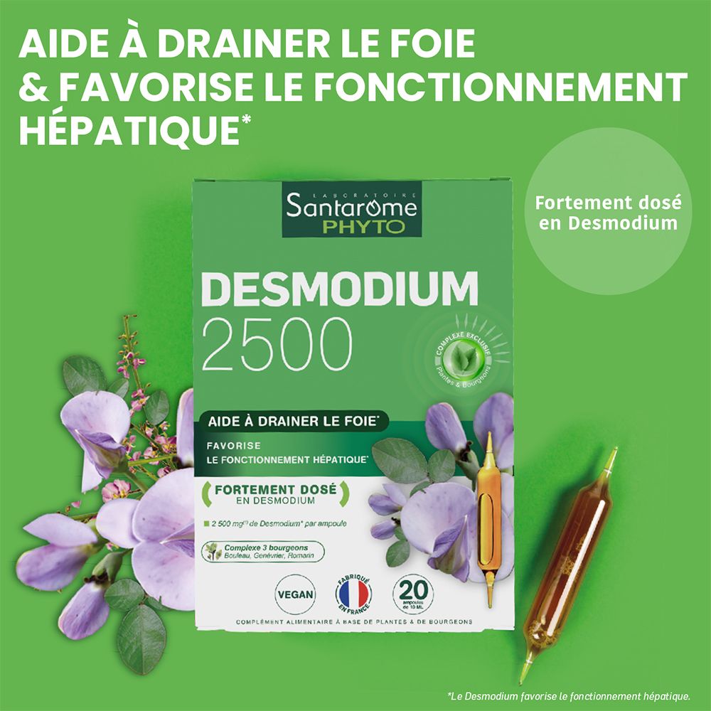 Fond vert avec Santarome PHYTO Desmodium 2500. Texte : Favorise la fonction hépatique. Contient 20 ampoules.