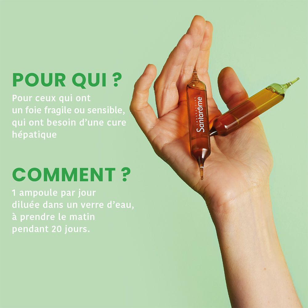 Main tenant deux ampoules. Texte : Pour qui ? Pour foie fragile. Comment ? 1 ampoule dans l'eau, matin, 20 jours.