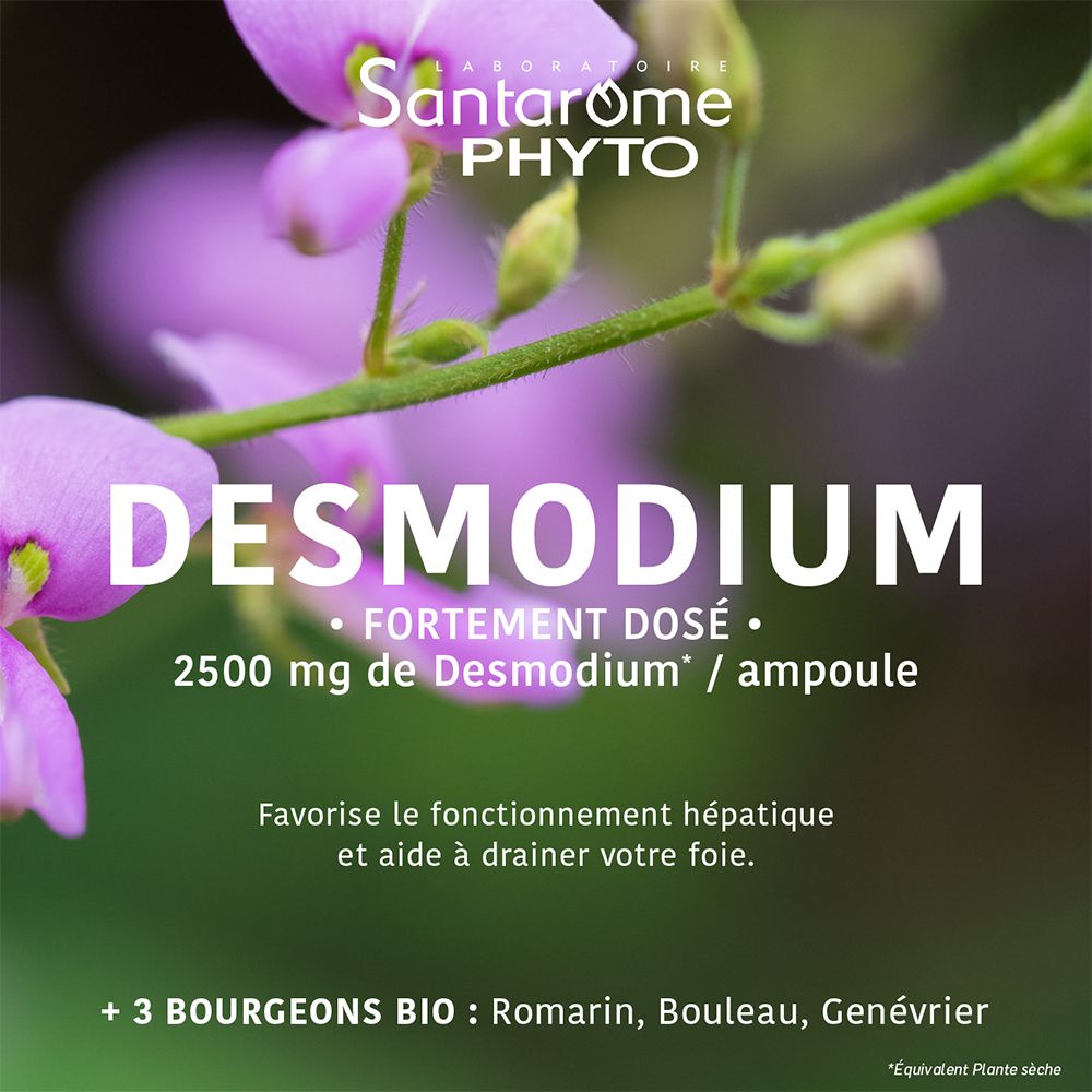 Texte : Desmodium 2500, 2500 mg de Desmodium par ampoule. Favorise la fonction hépatique. + 3 bourgeons bio.