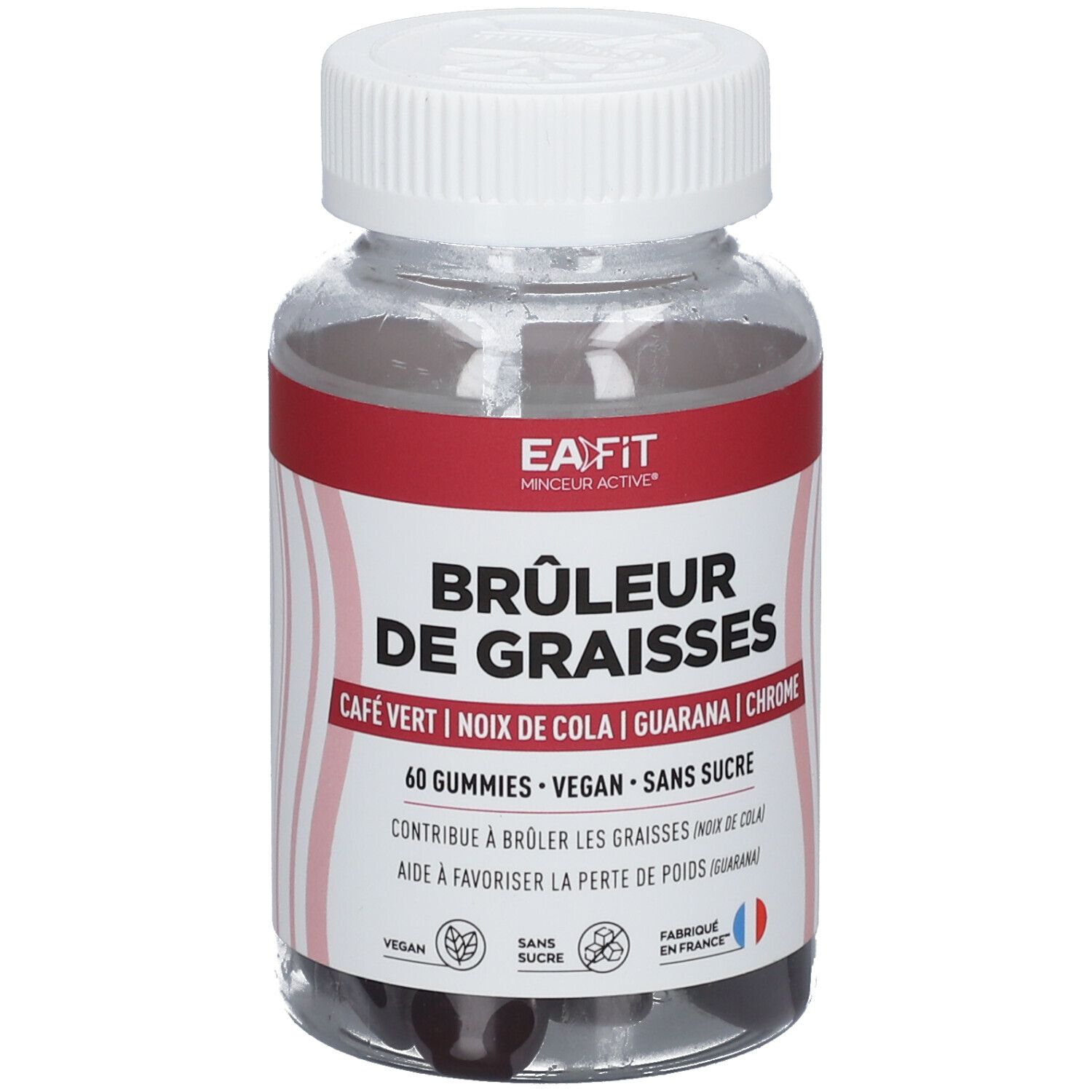 Flacon transparent avec bouchon blanc. Inscription: EA FIT, Brûleur de Graisses, 60 Gummies, vegan, sans sucre. Drapeau français.
