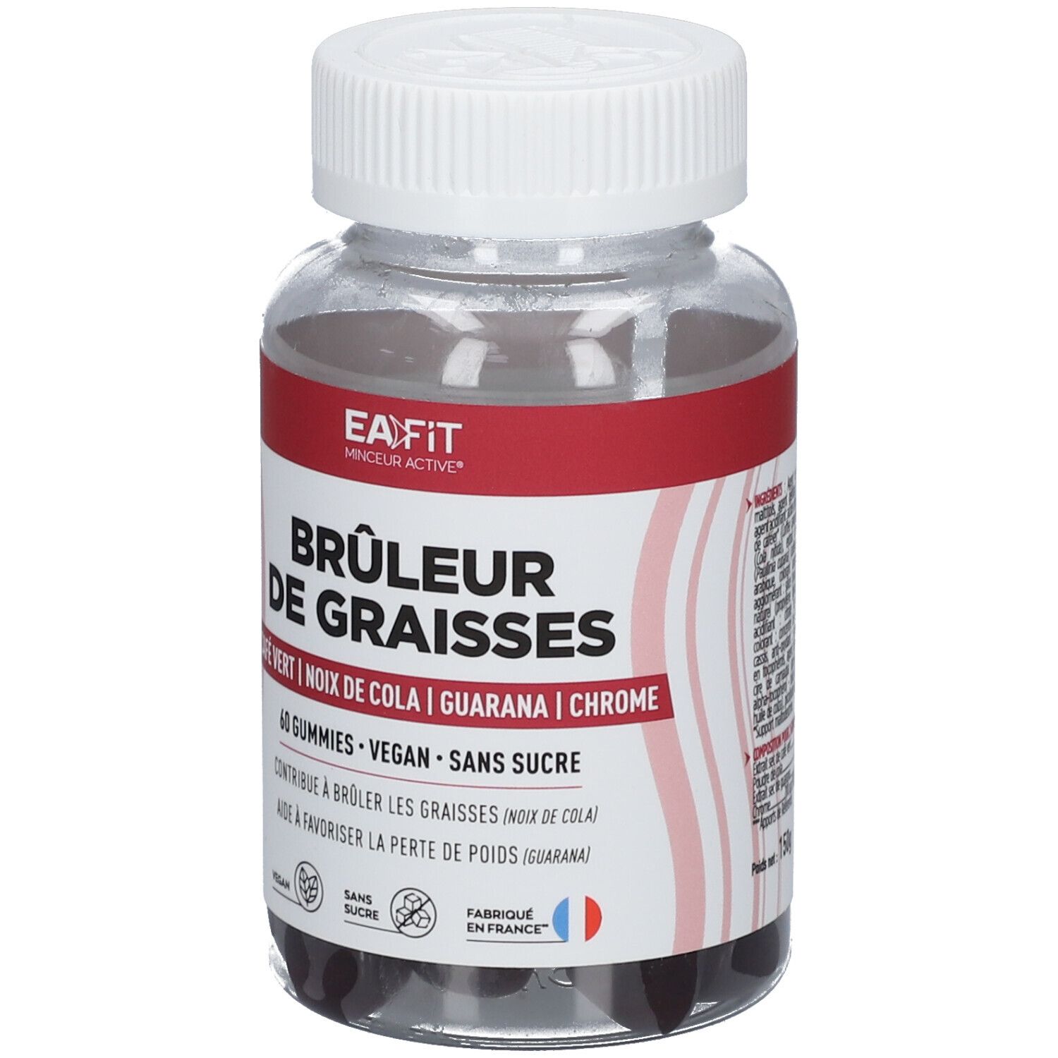 Flacon transparent avec bouchon blanc. Inscription: EA FIT, Brûleur de Graisses, 60 Gummies, vegan, sans sucre. Drapeau français.
