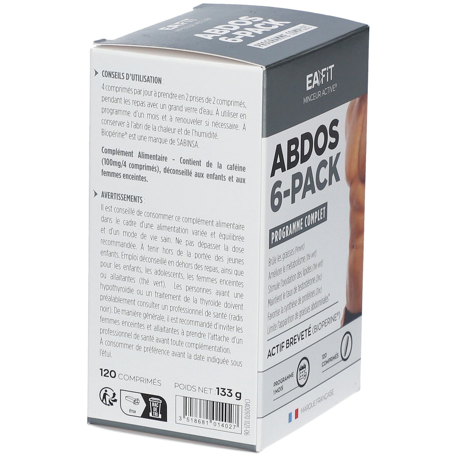 Boîte EA-FIT ABDOS 6-PACK. Dos avec conseils d'utilisation et avertissements. Contient 120 comprimés, poids 133g.