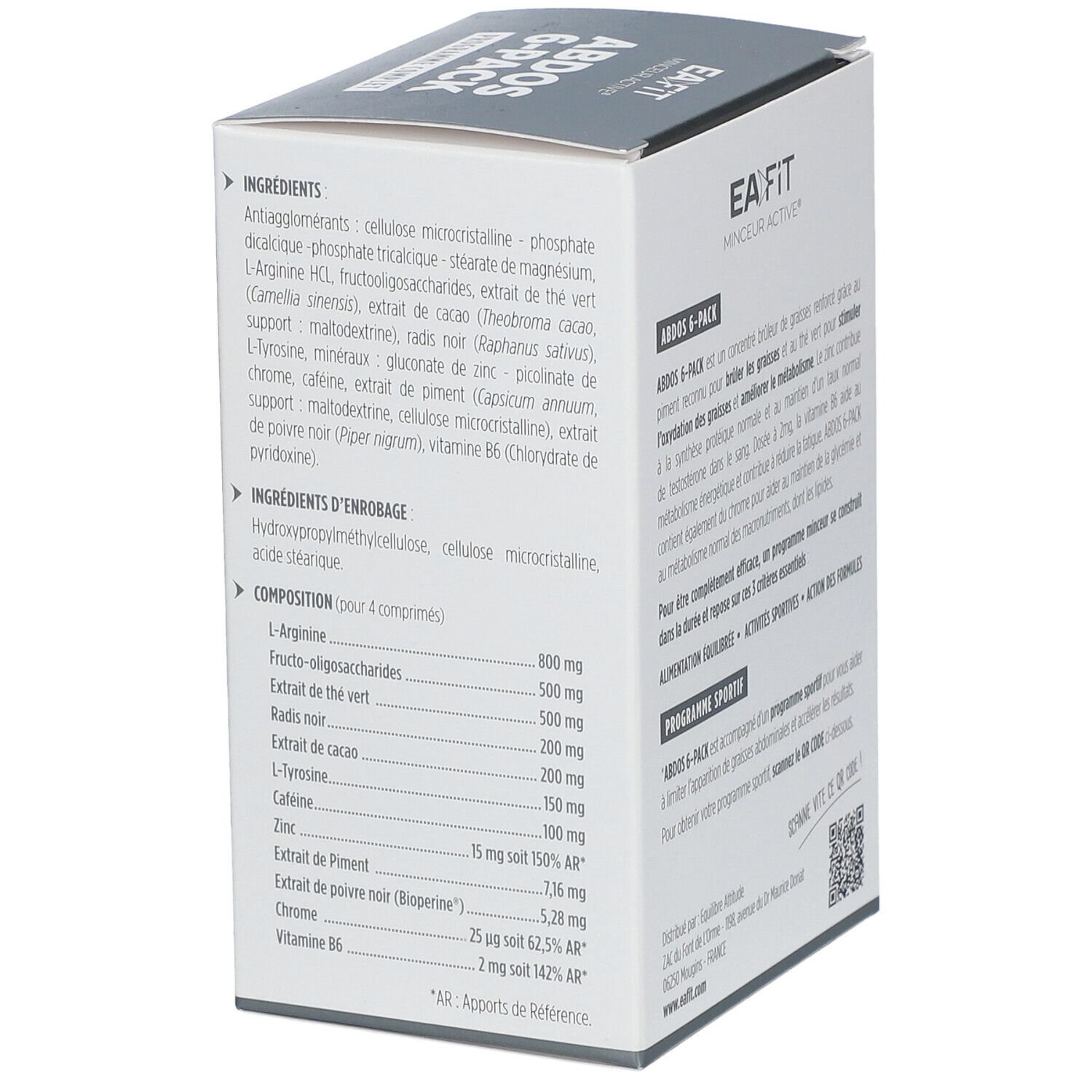 Boîte EA-FIT ABDOS 6-PACK. Contient ingrédients et composition. Contient 120 comprimés, poids 133g.