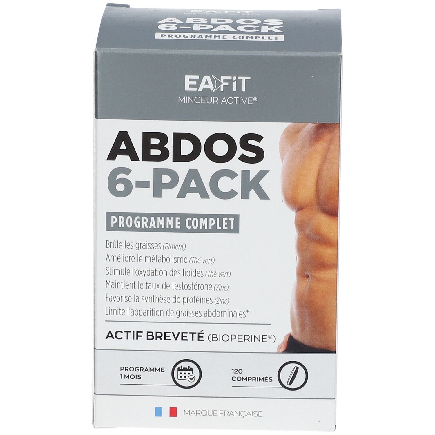 Boîte EA-FIT ABDOS 6-PACK. Face avant avec nom et description du produit. Contient 120 comprimés.