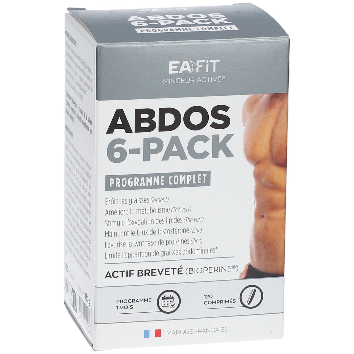 Boîte EA-FIT ABDOS 6-PACK. Face avant avec nom et description du produit. Contient 120 comprimés.