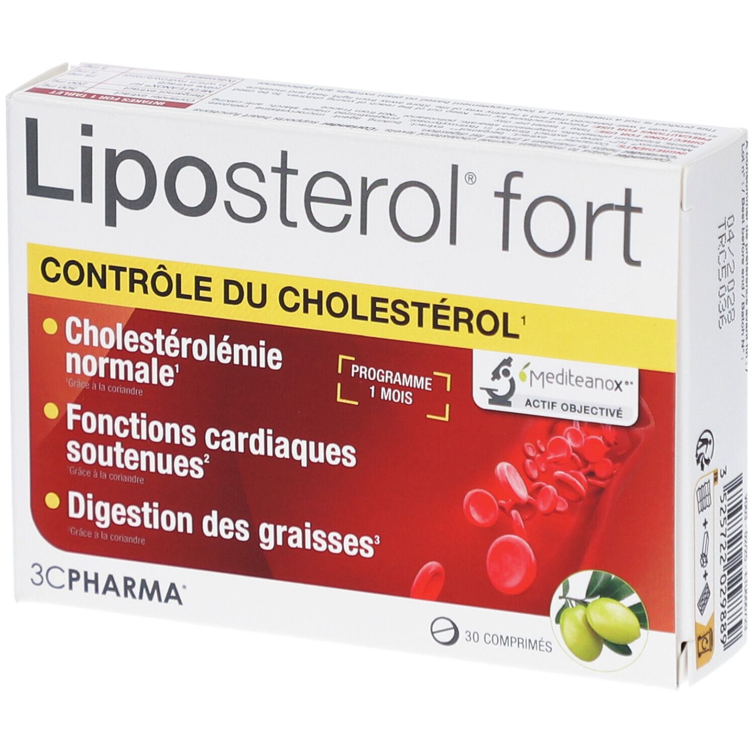 Boîte de Liposterol fort. Inscription: Contrôle du cholestérol. Contient 30 comprimés. Marque: 3C Pharma.
