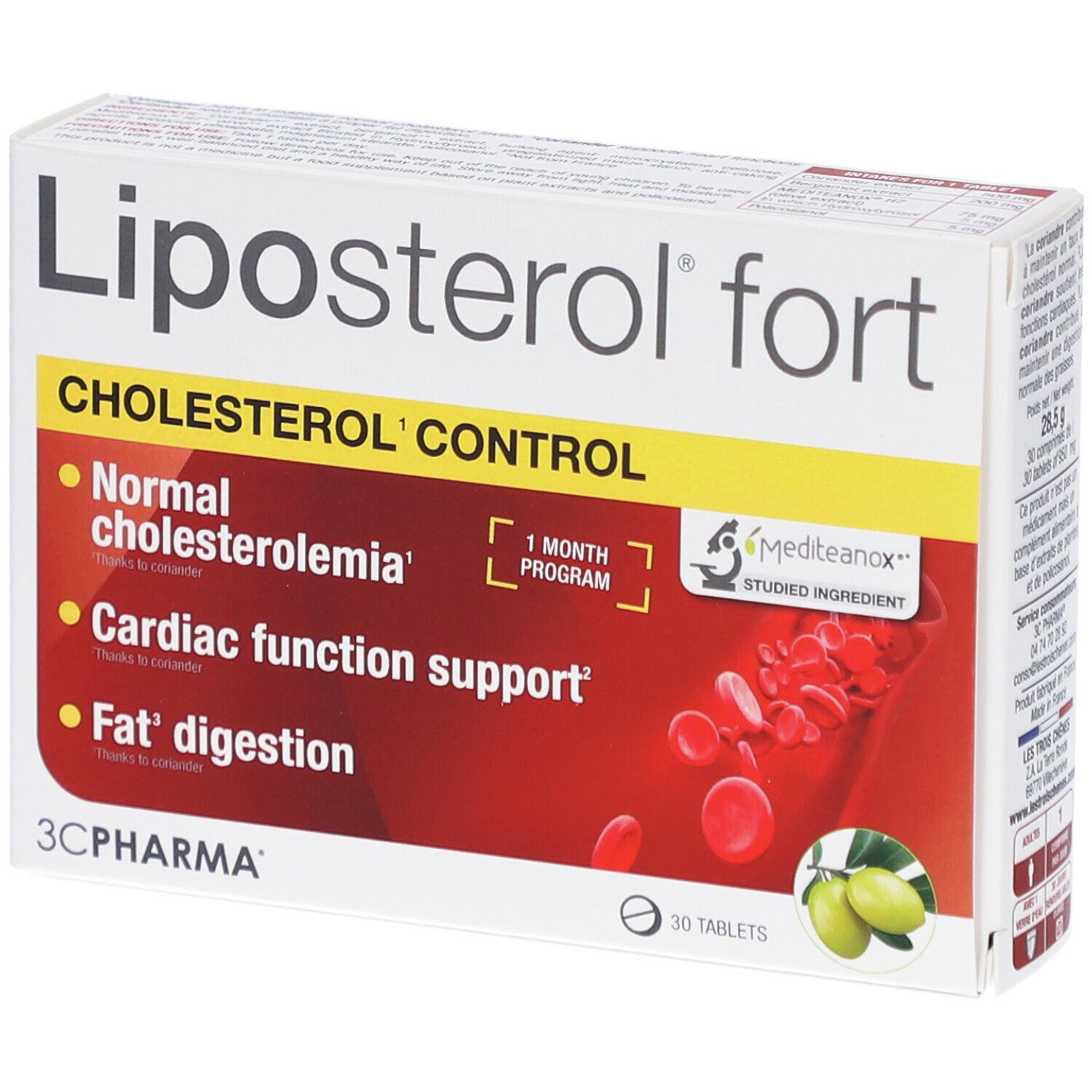 Boîte Liposterol fort. Texte: Cholesterol Control. Contient 30 comprimés. Marque: 3C Pharma. Avec logo Mediteanox.