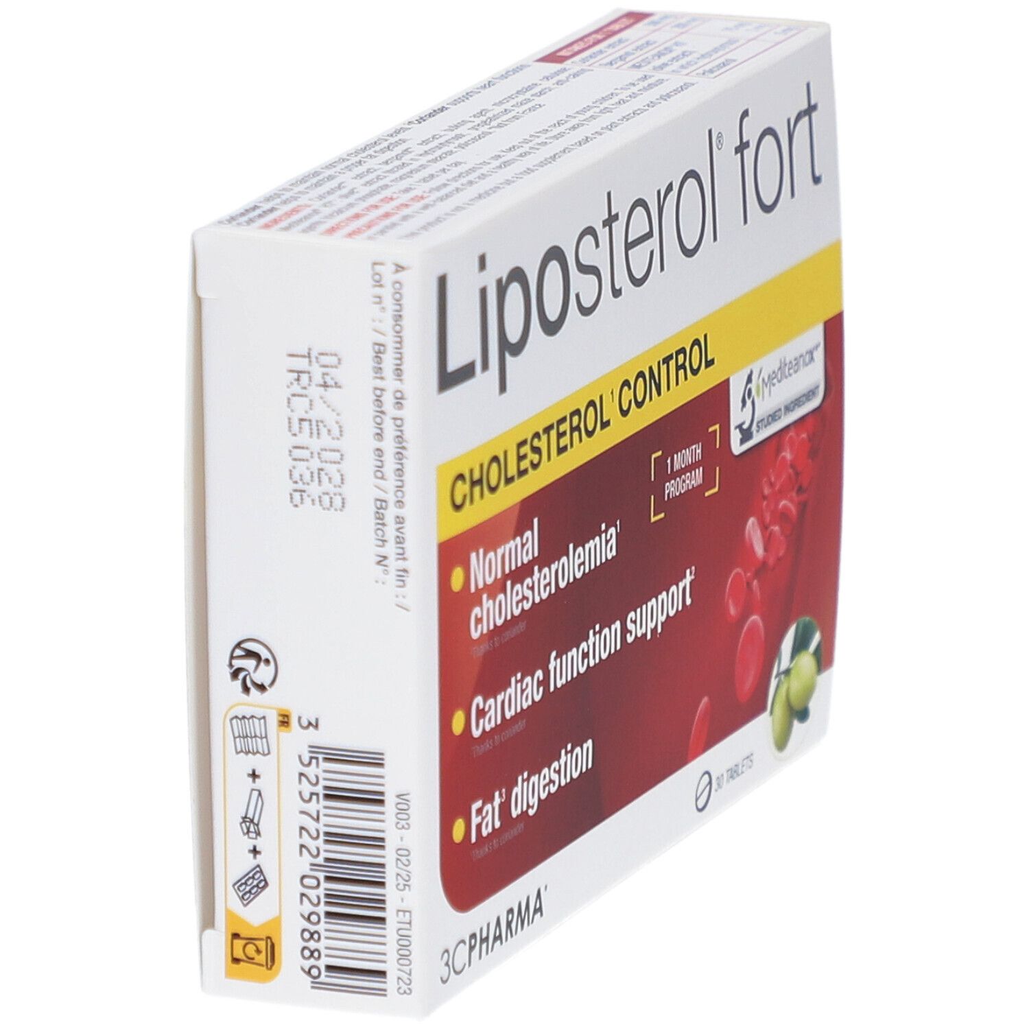 Boîte Liposterol fort, en biais. Texte: Cholesterol Control. Contient 30 comprimés. Marque: 3C Pharma. Logo Mediteanox.