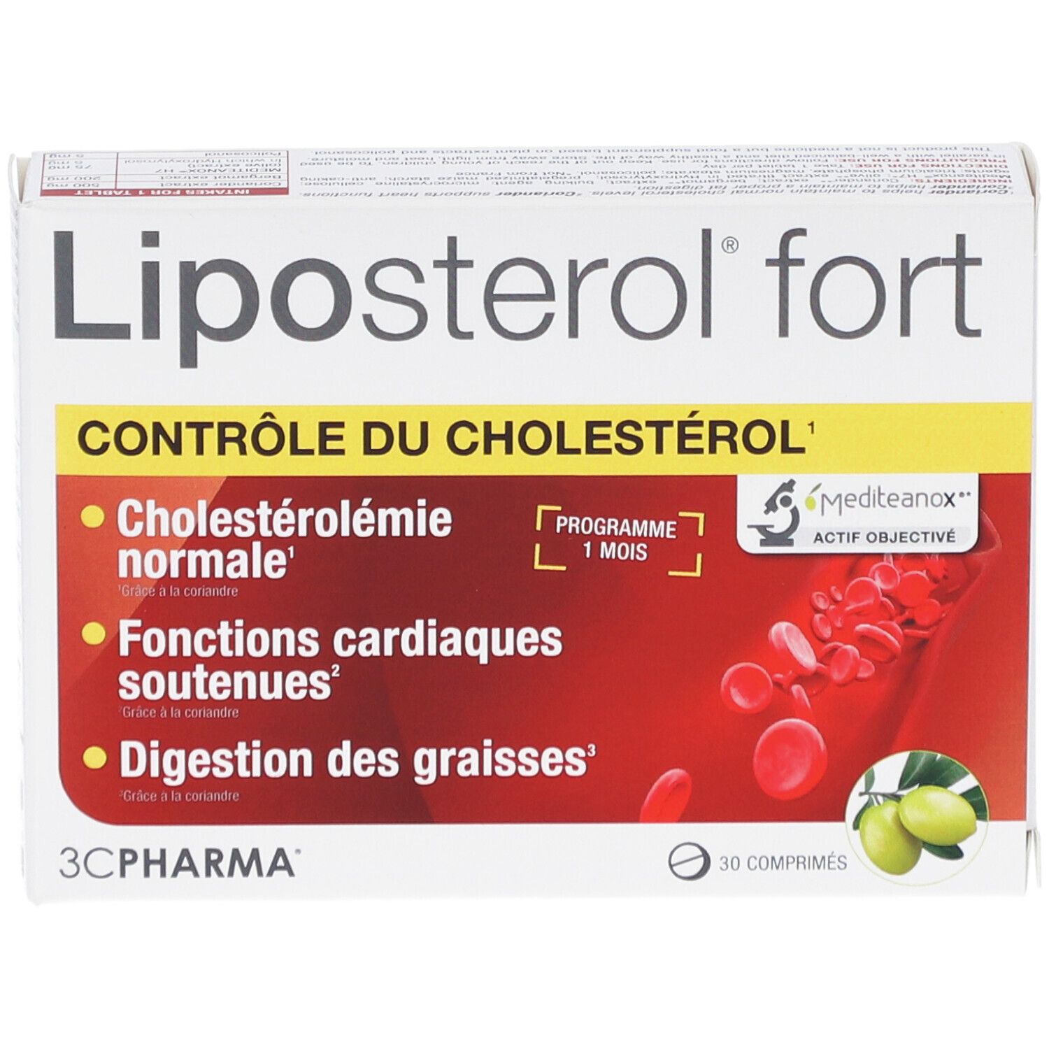 Boîte Liposterol fort. Texte: Contrôle du cholestérol. Contient 30 comprimés. Marque: 3C Pharma. Logo Mediteanox.