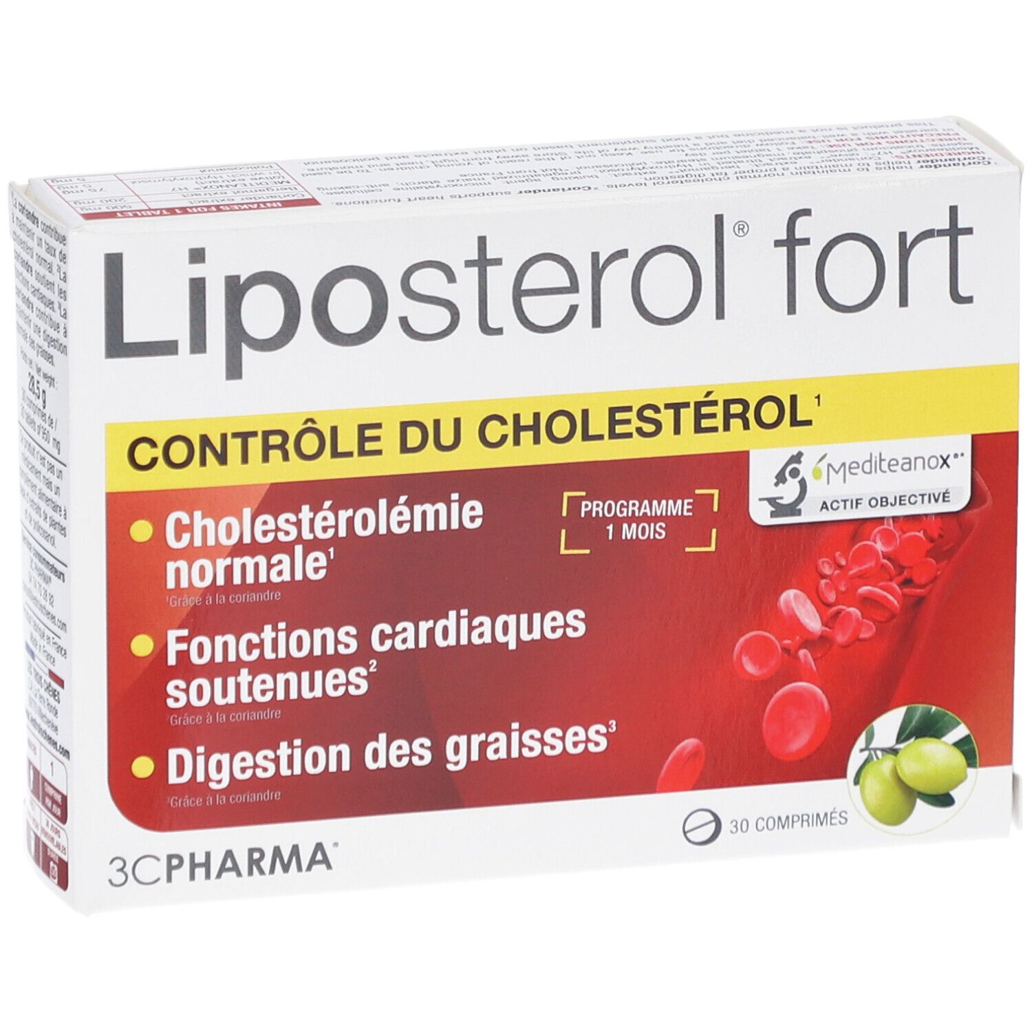 Boîte Liposterol fort. Texte: Contrôle du cholestérol. Contient 30 comprimés. Marque: 3C Pharma. Logo Mediteanox.
