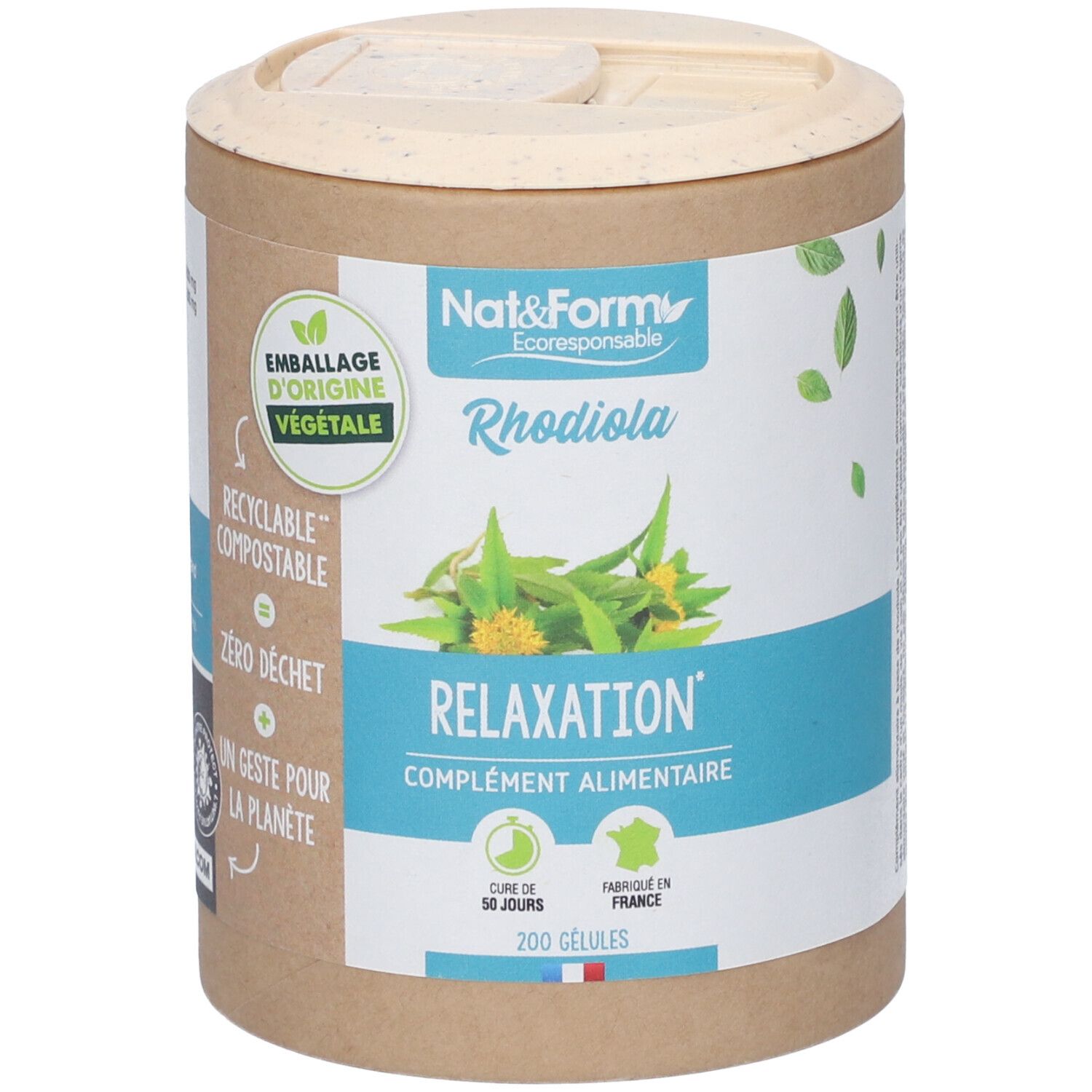 Boîte cylindrique avec couvercle. Inscription: Nat&Form Rhodiola, Relaxation, complément alimentaire. 200 gélules. Emballage végétal.