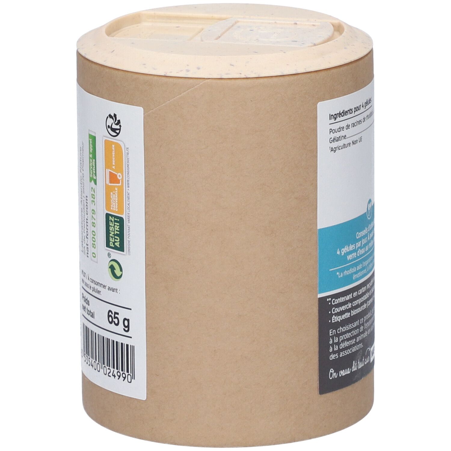 Boîte cylindrique, marron. Inscription: 65 g. Logo de recyclage. Liste des ingrédients. Poids net: 65 g. Fabriqué en France.