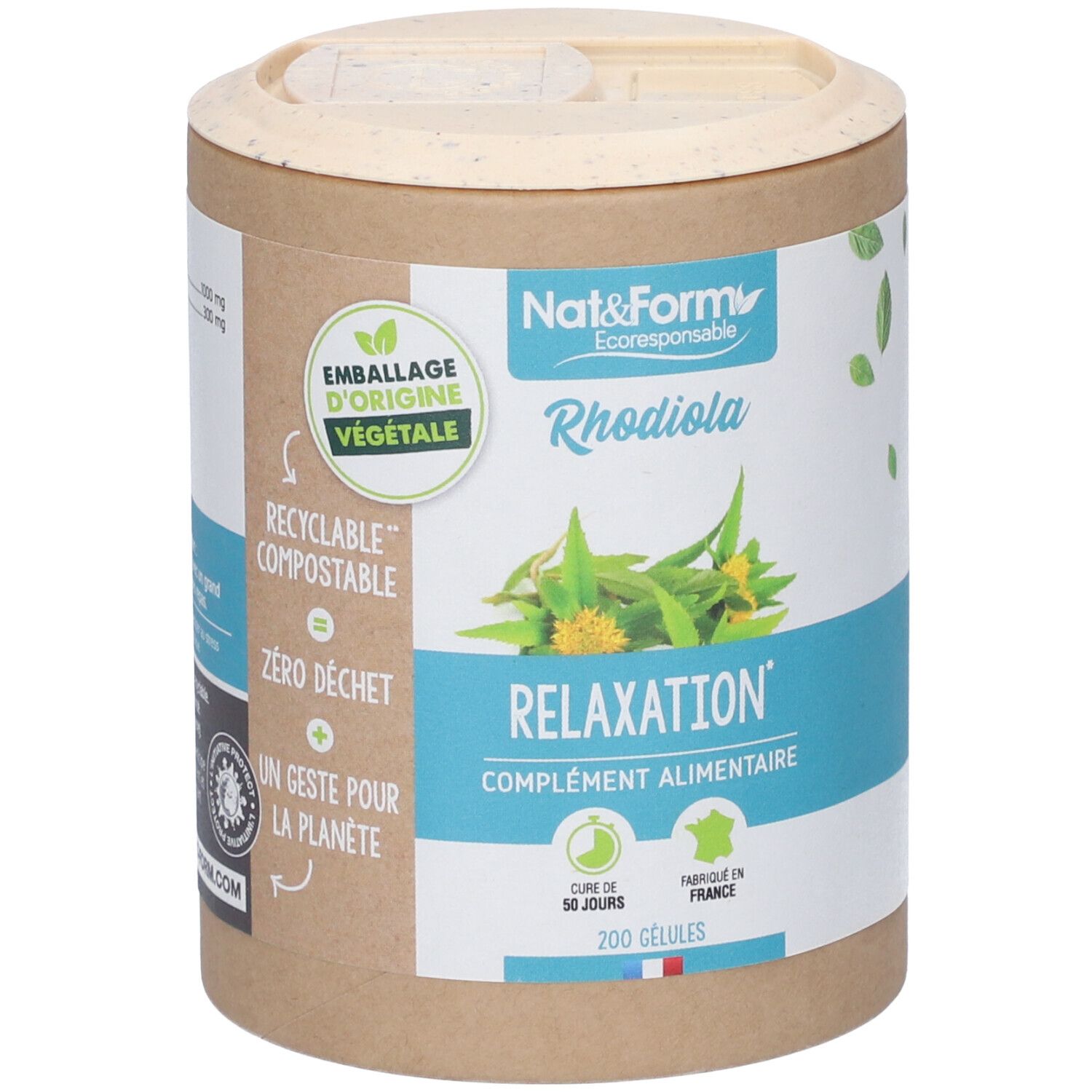 Boîte cylindrique avec couvercle. Inscription: Nat&Form Rhodiola, Relaxation, complément alimentaire. 200 gélules. Emballage végétal.