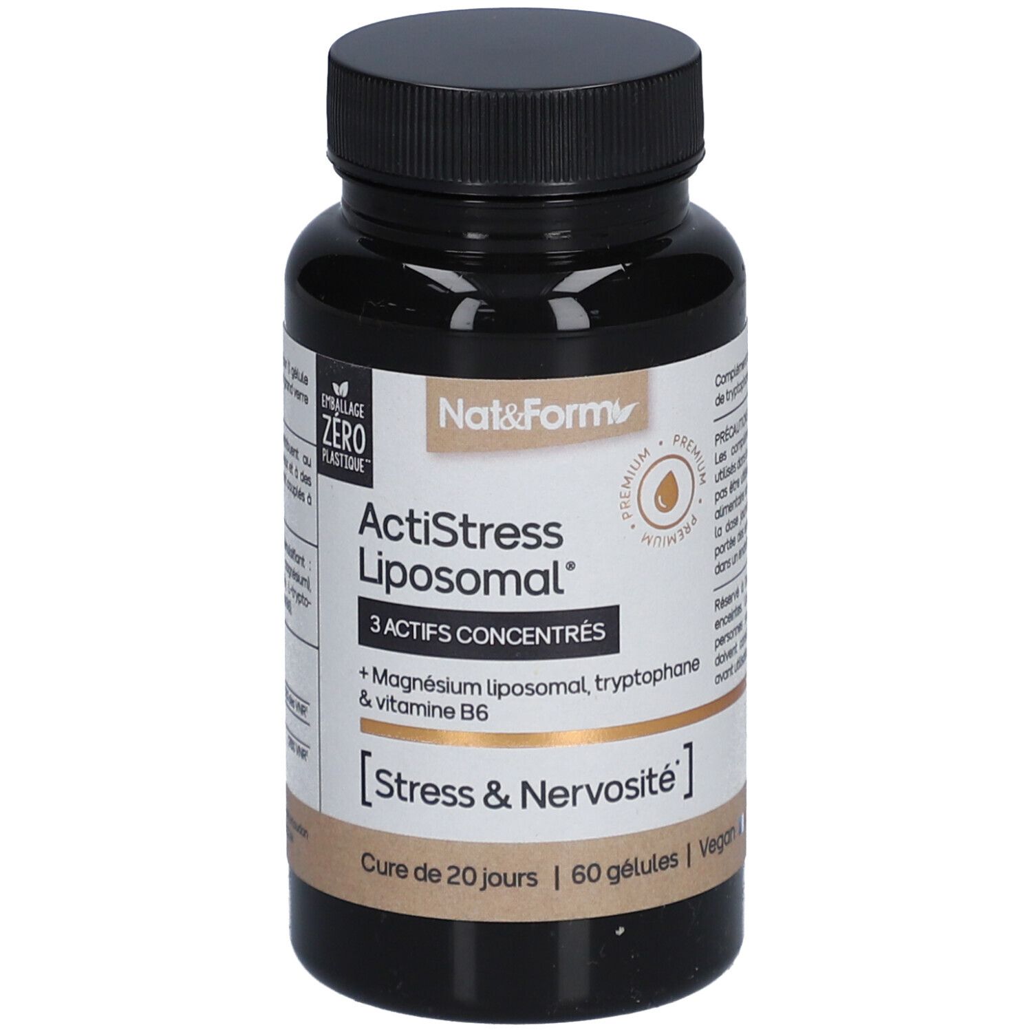 Flacon brun avec bouchon noir. Inscription: ActiStress Liposomal, 3 actifs concentrés. Contient magnésium, tryptophane et vitamine B6.