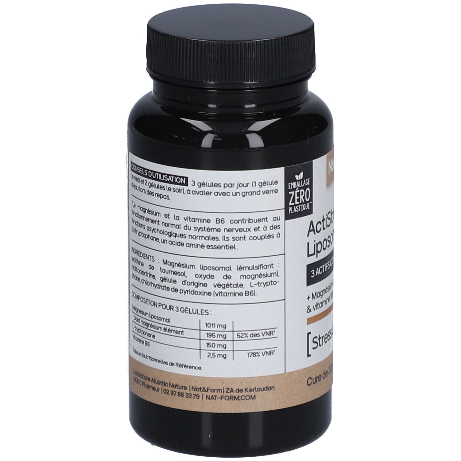 Dos du flacon brun avec bouchon noir. Texte: Conseils d'utilisation, ingrédients, composition pour 3 gélules, informations nutritionnelles.