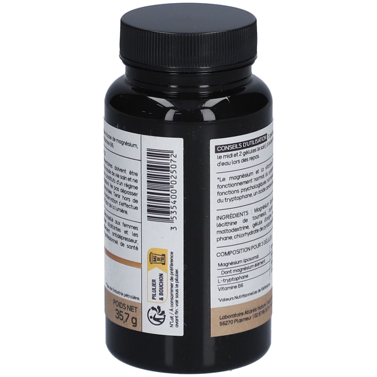 Dos du flacon brun avec bouchon noir. Texte: Conseils d'utilisation, ingrédients, composition pour 3 gélules, informations nutritionnelles.
