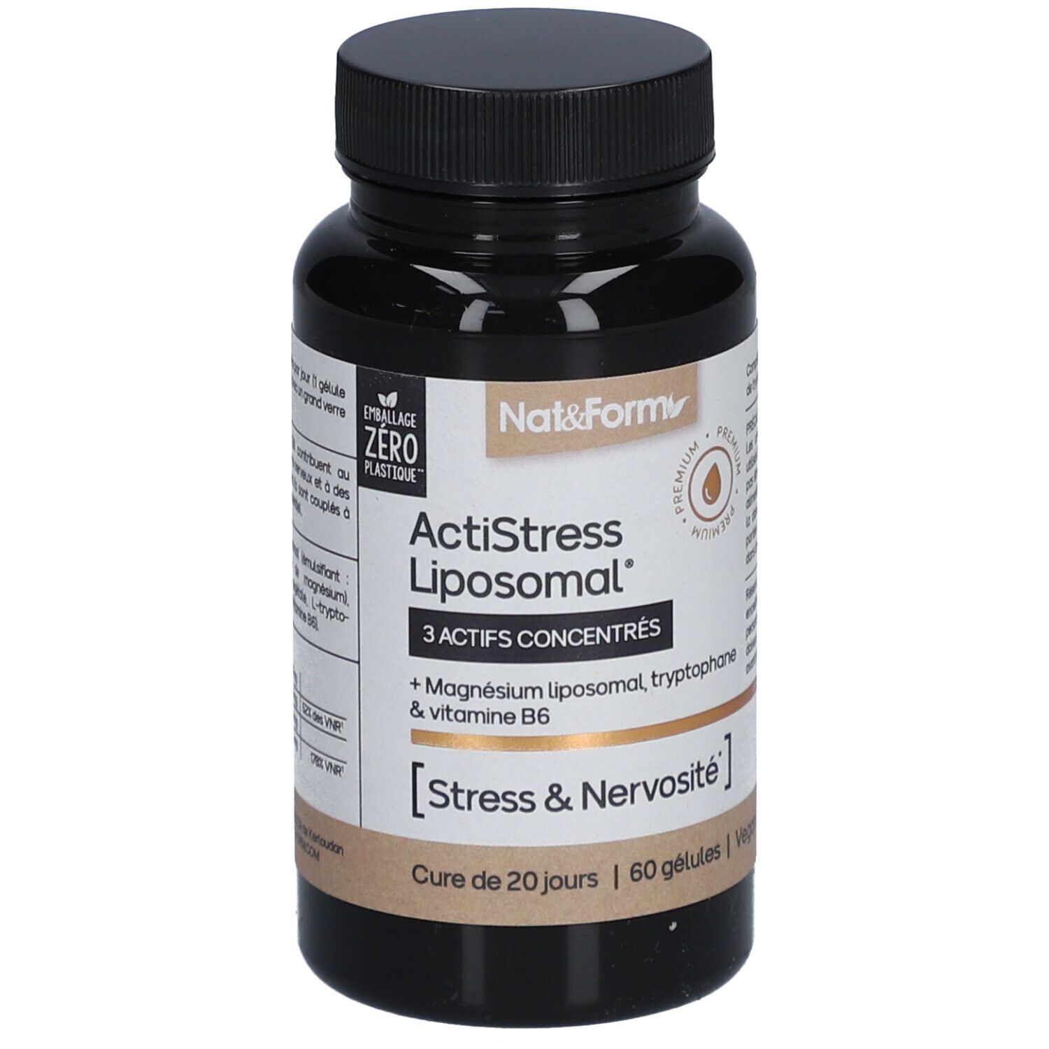 Flacon brun avec bouchon noir. Inscription: ActiStress Liposomal, 3 actifs concentrés. Contient magnésium, tryptophane et vitamine B6.