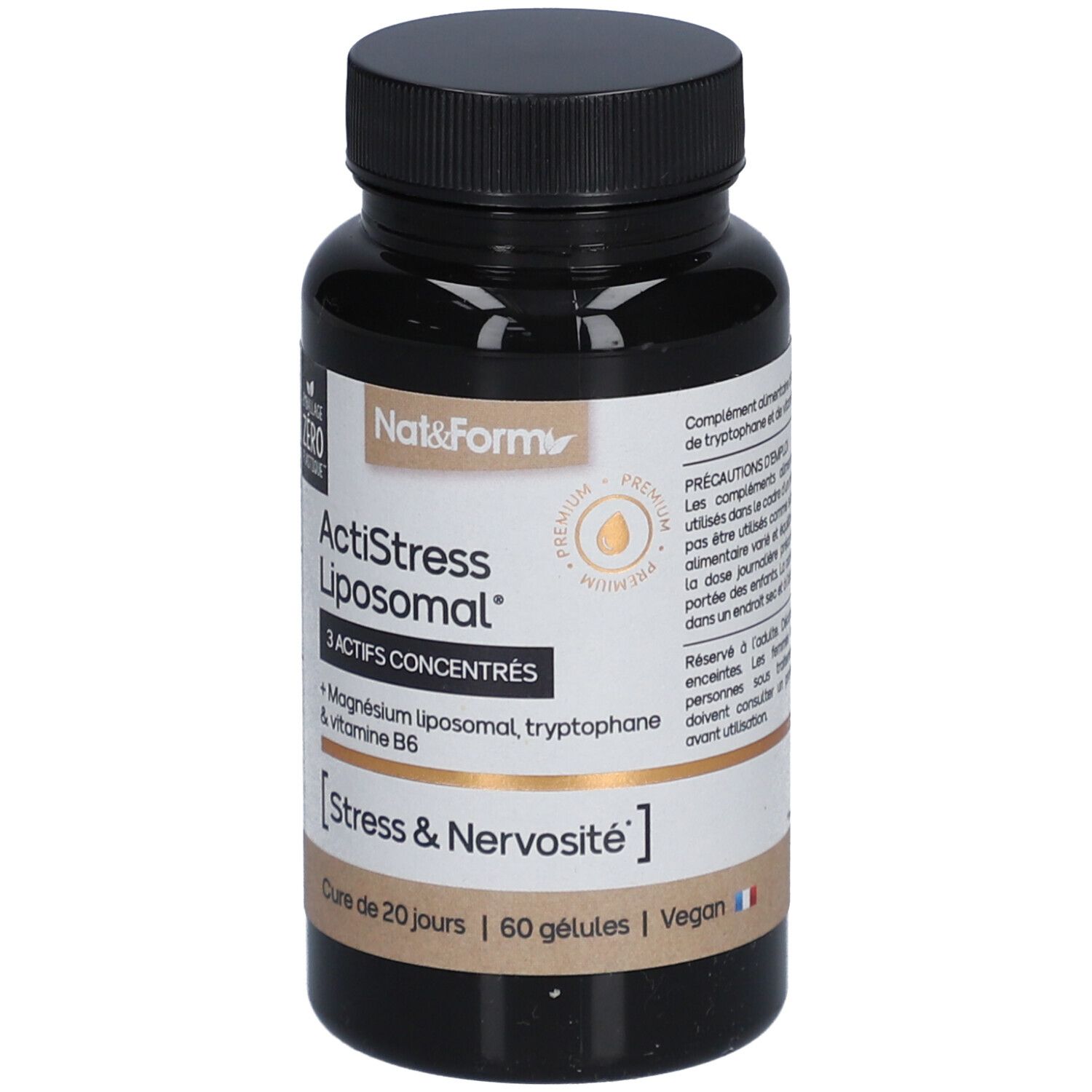 Flacon brun avec bouchon noir. Inscription: ActiStress Liposomal, 3 actifs concentrés. Contient magnésium, tryptophane et vitamine B6.