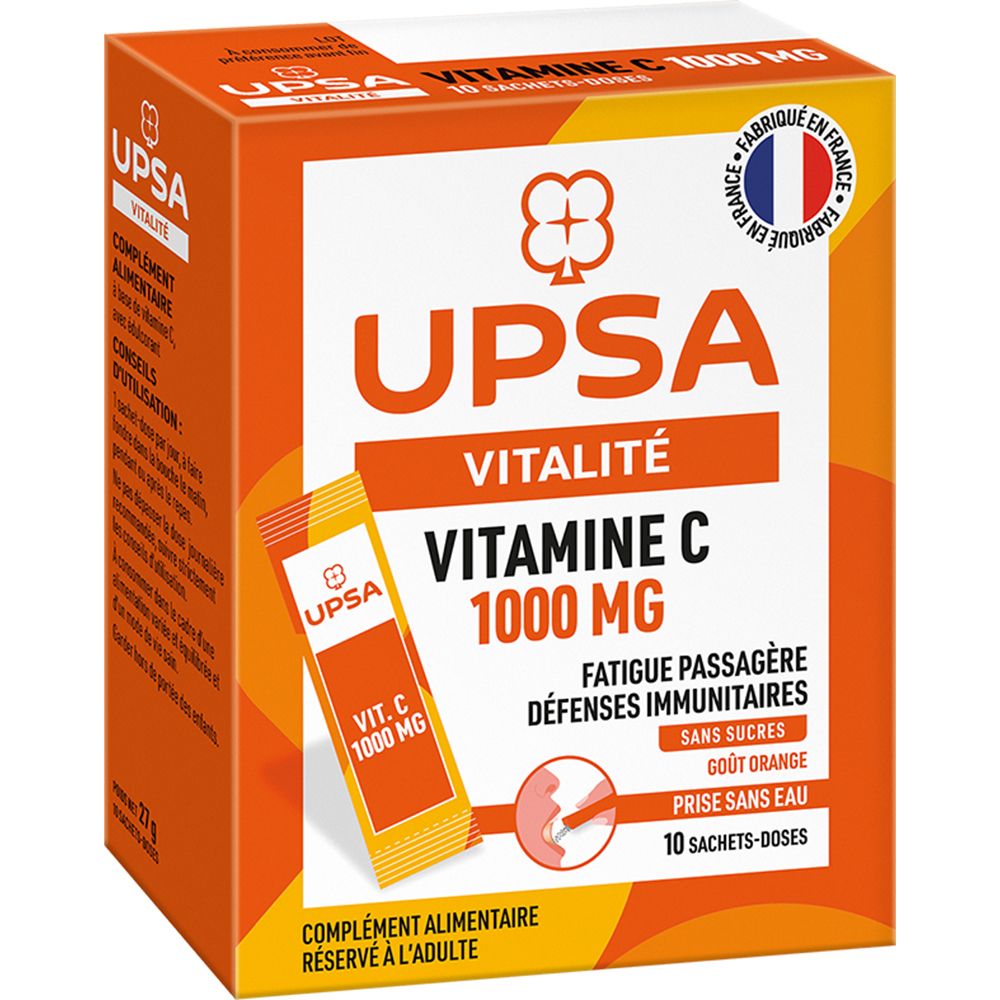 Vitamine C Upsa 1000 mg - 10 sticks - Adultes - Complément alimentaire sans sucres, goût orange - Fa