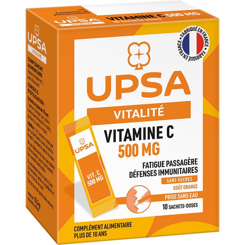 Vitamine C Upsa 500 mg - 10 sticks, prise sans eau - Adulte & Enfants dès 10ans - Complément aliment