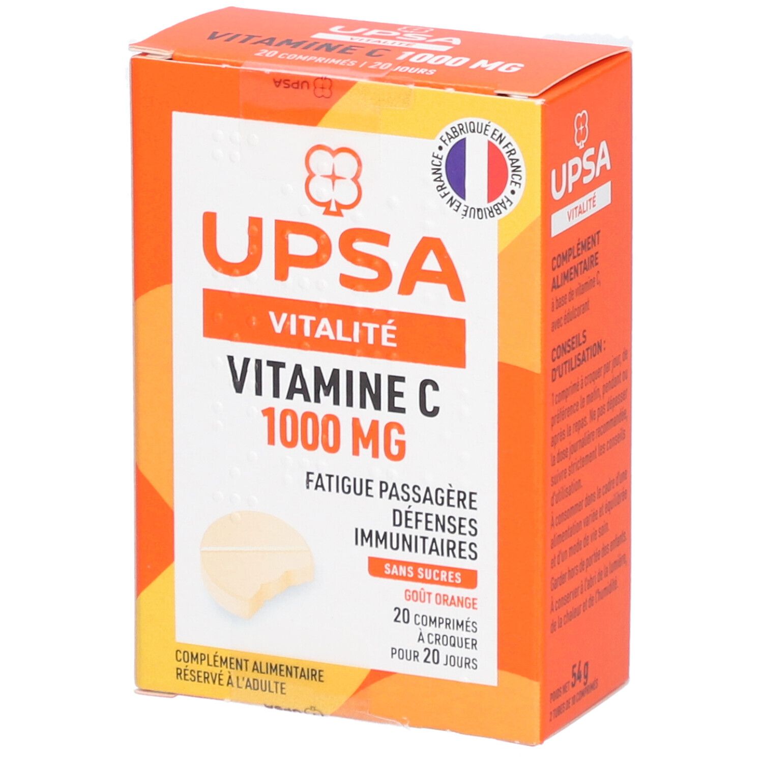 Vitamine C Upsa 1000 mg - 20 comprimés à croquer - Adulte - Complément alimentaire sans sucres, goût