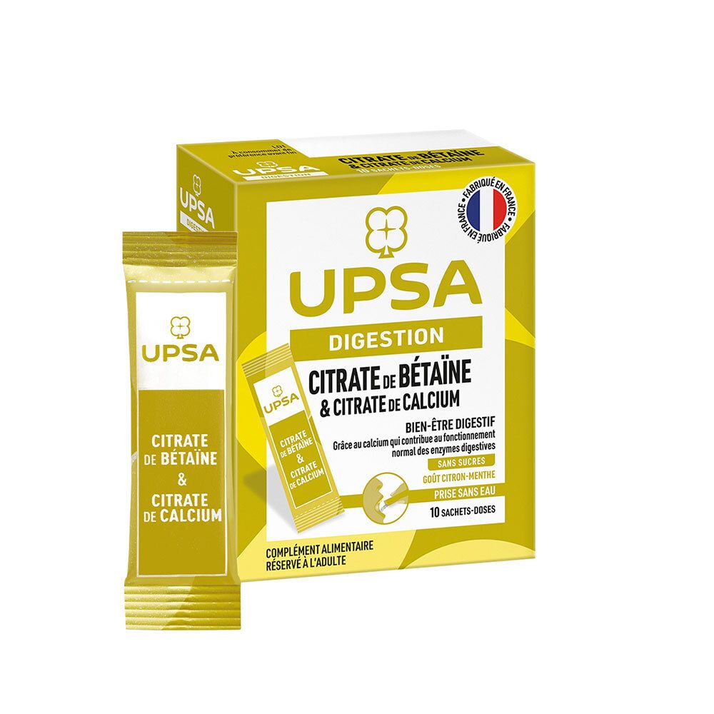 Gelbe Schachtel und Beutel mit Produktnamen UPSA. Text: Citrat de Bétaïne & Citrat de Calcium. 10 Sachets-doses.