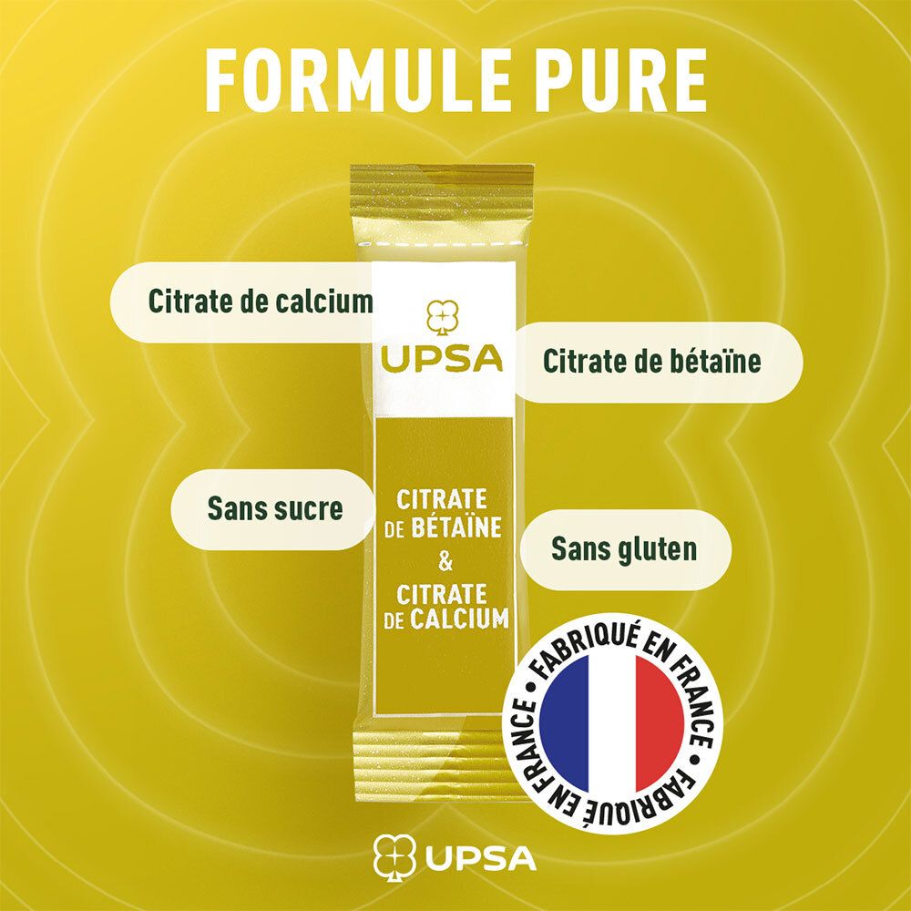 Gelbes Bild mit Beutel UPSA. Text: Citrat de Bétaïne & Citrat de Calcium. Ohne Zucker, ohne Gluten. Hergestellt in Frankreich.