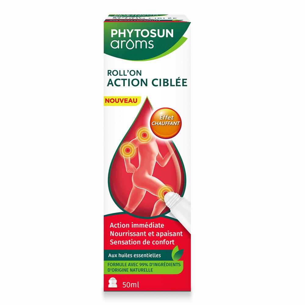 PHYTOSUN arôms Roll'on Action Ciblée. Applicateur roll-on blanc sur fond rouge. Illustration du produit.