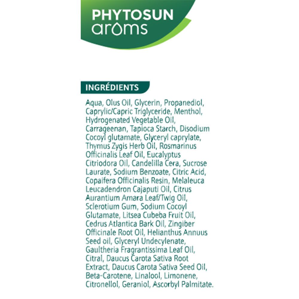 Liste des ingrédients de PHYTOSUN arôms Roll'on Action Ciblée. Texte sur fond blanc.