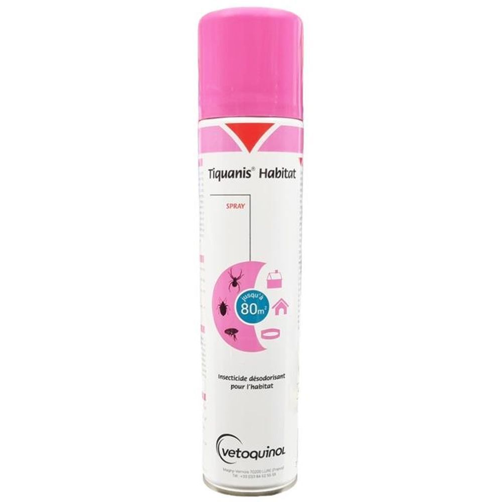 Bombe de spray rose et blanche. Inscription: Tiquanis Habitat Spray, insecticide, 80 m². Logo: Vetoquinol.