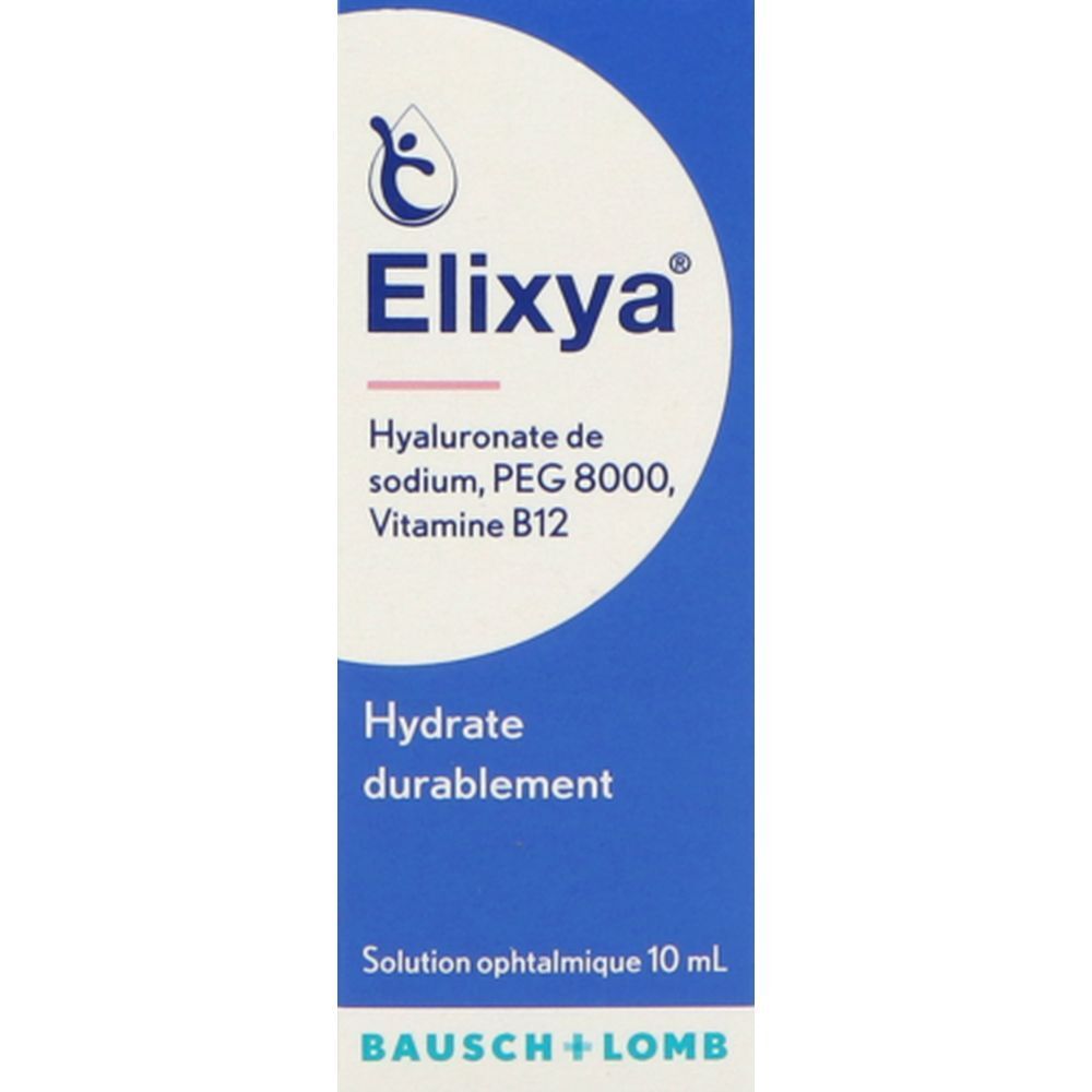 Boîte bleue Elixya. Contient hyaluronate, PEG 8000, vitamine B12. Solution ophtalmique 10 ml. Bausch + Lomb.