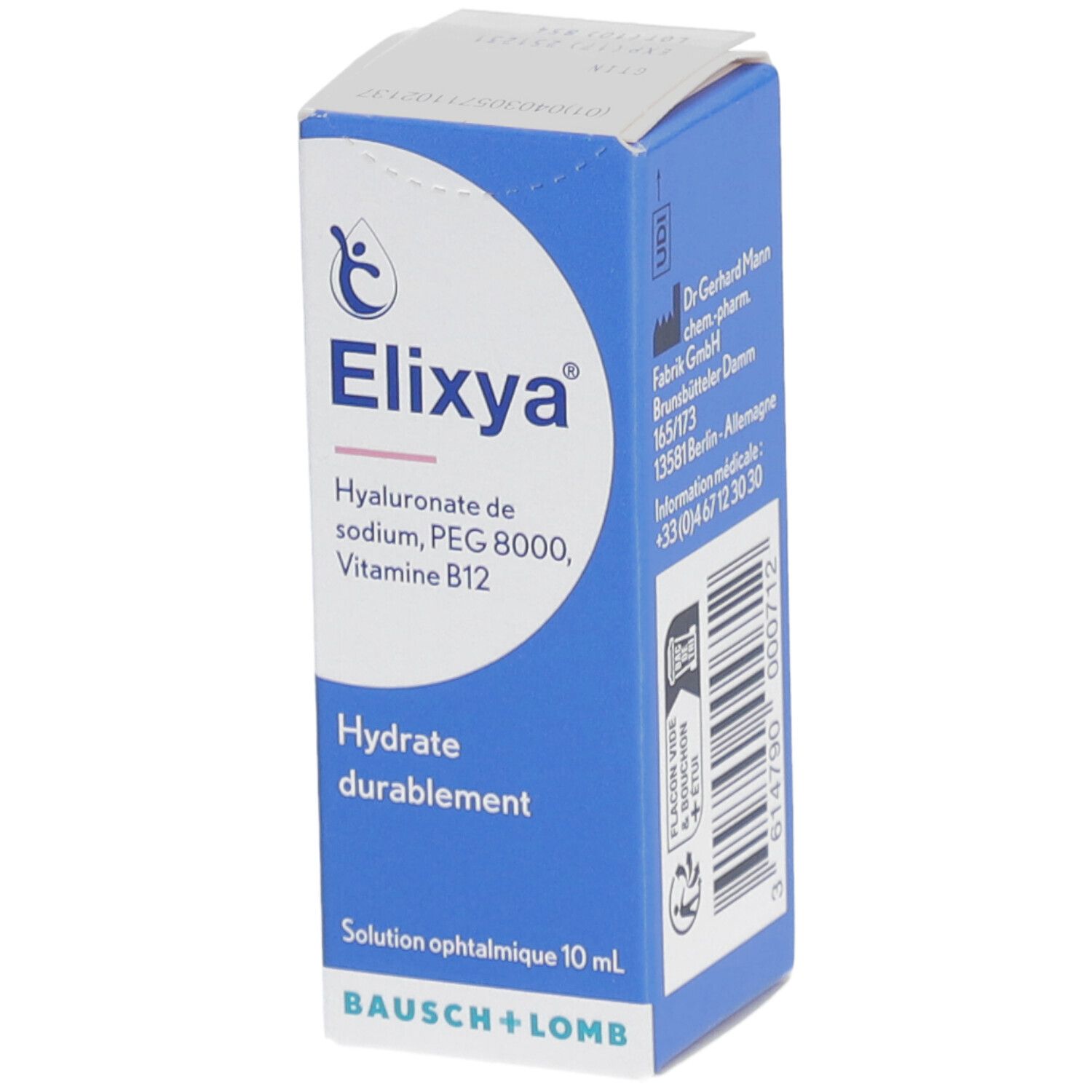 Boîte Elixya. Contient hyaluronate, PEG 8000, vitamine B12. Solution ophtalmique 10 ml. Bausch + Lomb. CE 0483.