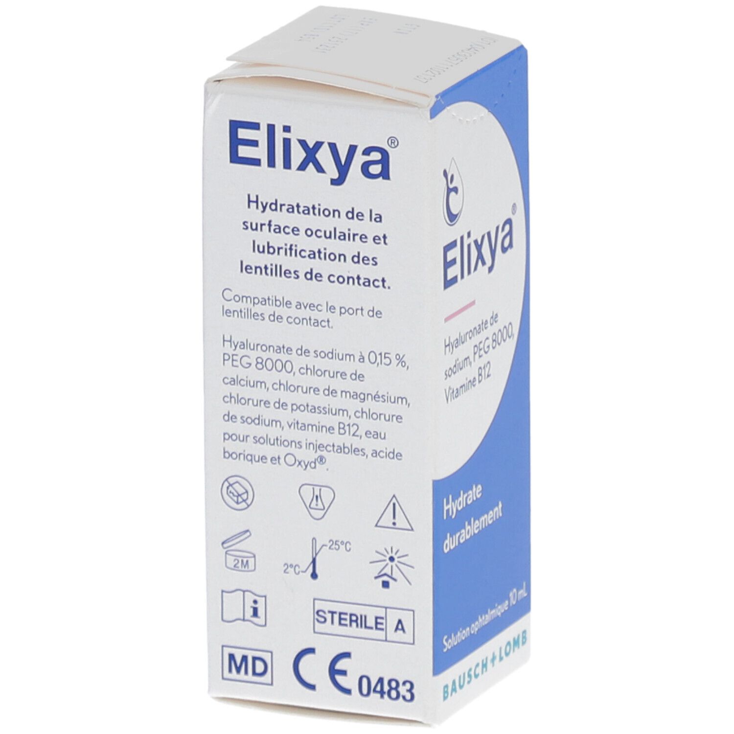 Boîte Elixya. Contient hyaluronate, PEG 8000, vitamine B12. Solution ophtalmique 10 ml. Bausch + Lomb. CE 0483.