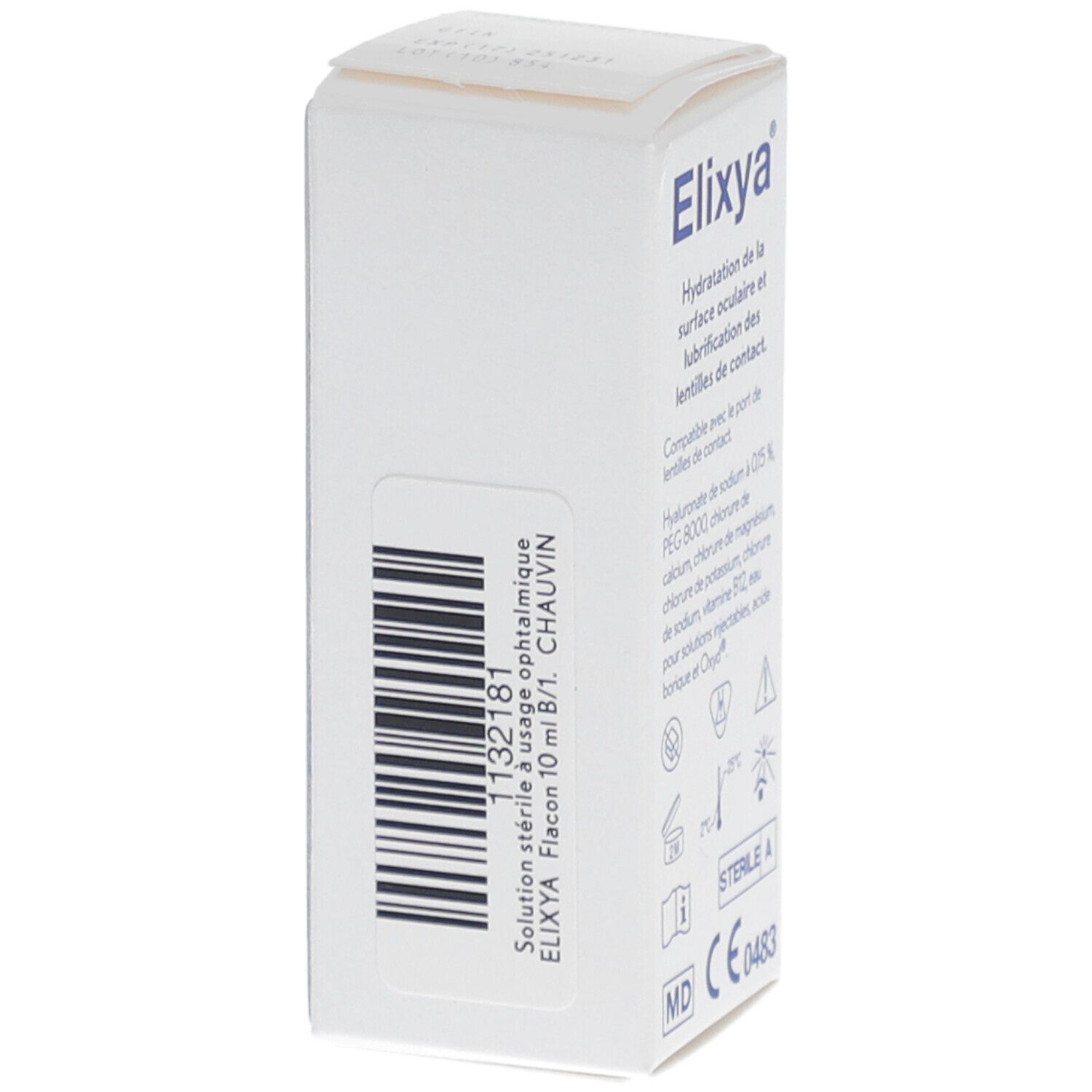 Boîte Elixya. Solution ophtalmique 10 ml. Stérile. Code-barres. Informations fabricant: Dr. Gerhard Mann.