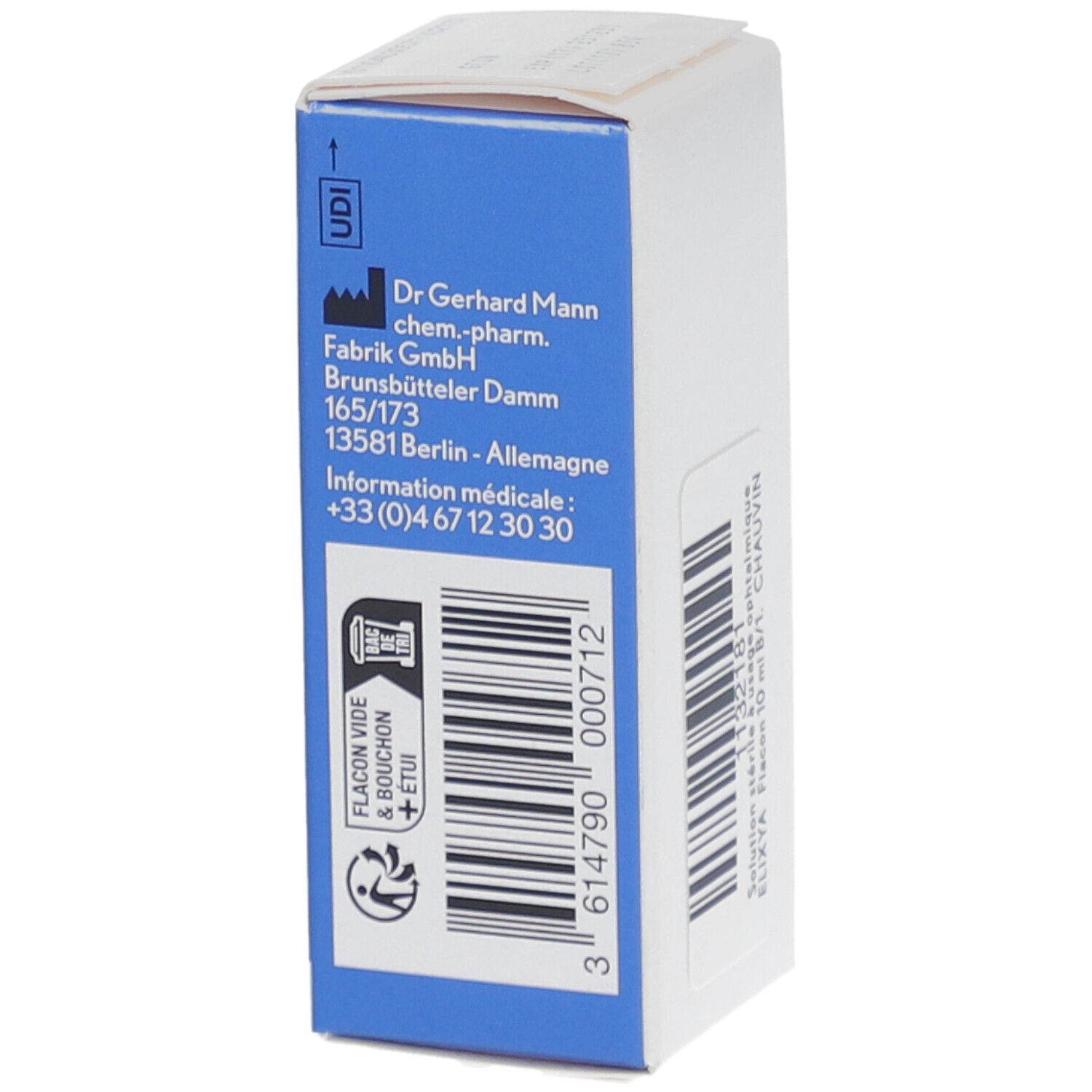 Boîte Elixya. Solution ophtalmique 10 ml. Stérile. Code-barres. Informations fabricant: Dr. Gerhard Mann.